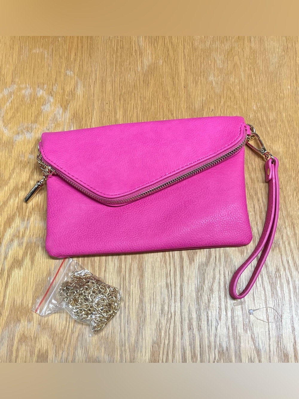 Fashion Puzzle Hot Pink Pebbled Vegan Leather Foldover Crossbody Wristlet Clutch
